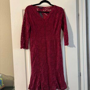 NWT Womens Burgandy 3/4 Sleeve Slim Fit Lace Cocktail Dresses SZ L